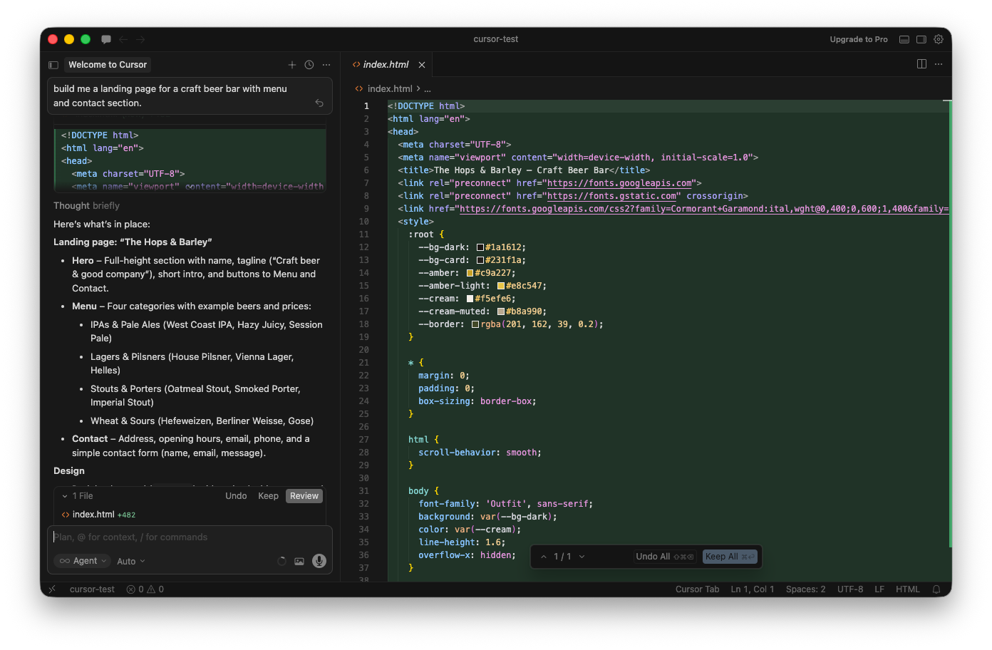 Cursor's chat panel showing the prompt and generated code side by side