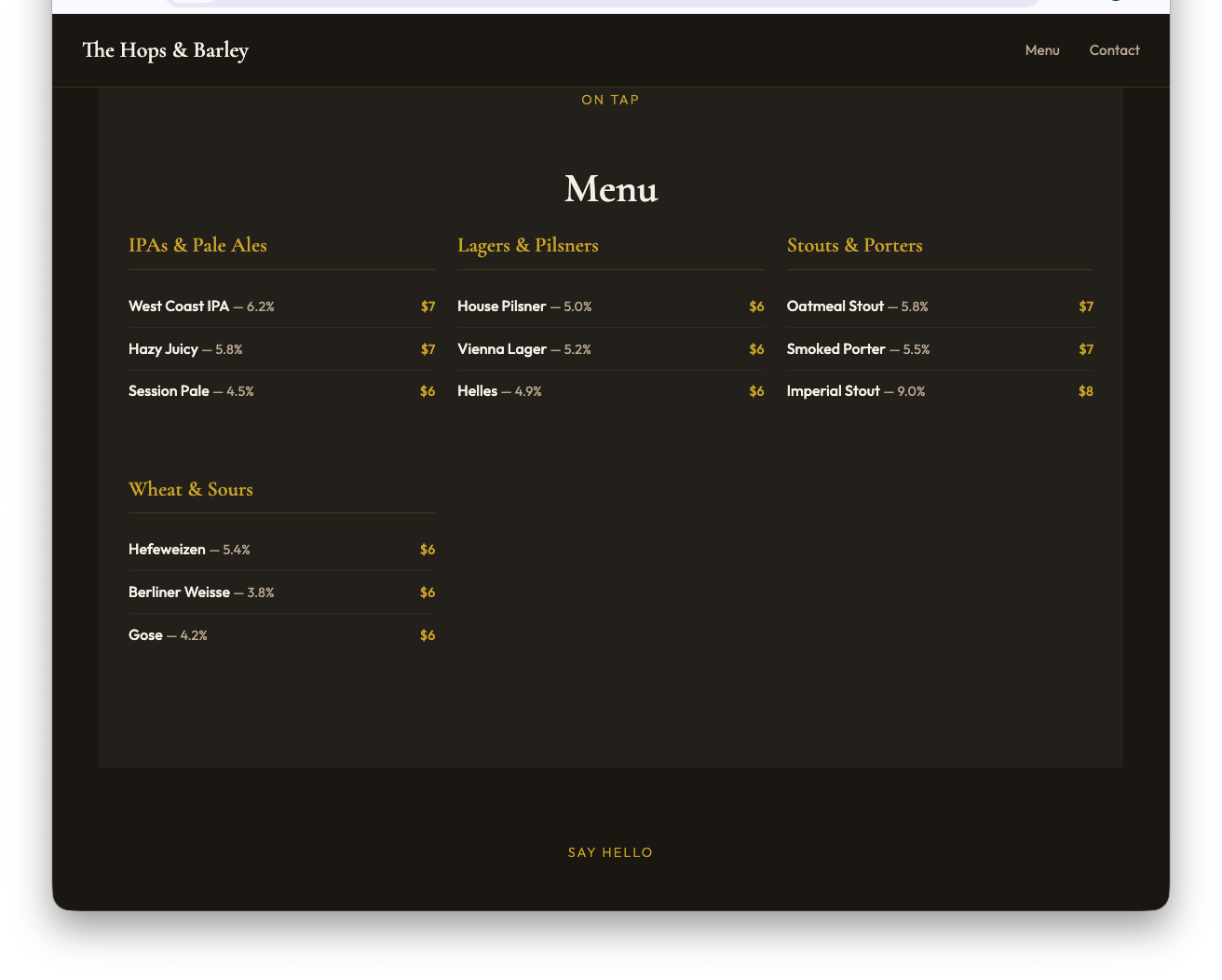 The Hops & Barley menu section in dark mode
