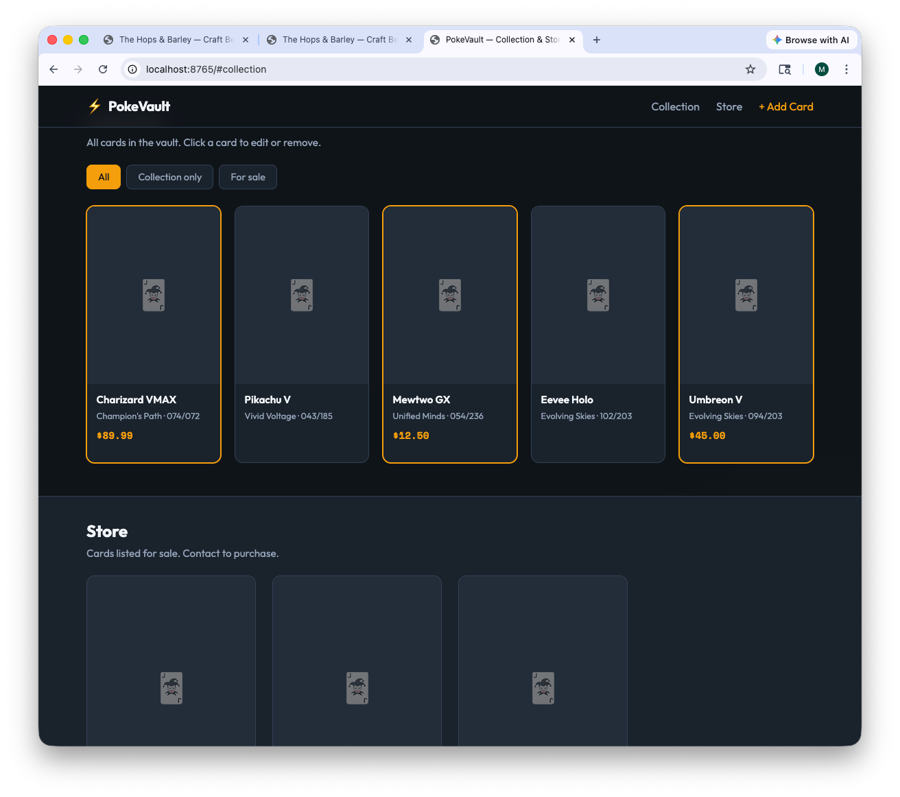 PokeVault collection page with card display and store section