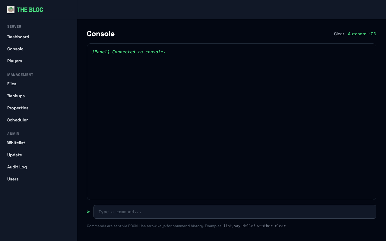 The live console with RCON command input