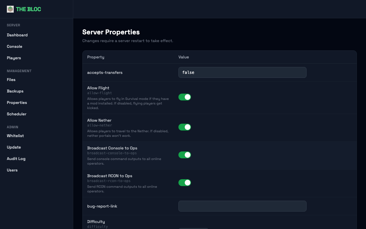 The server properties editor with toggles for boolean settings