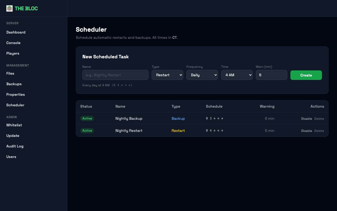 The task scheduler with nightly backup and restart schedules