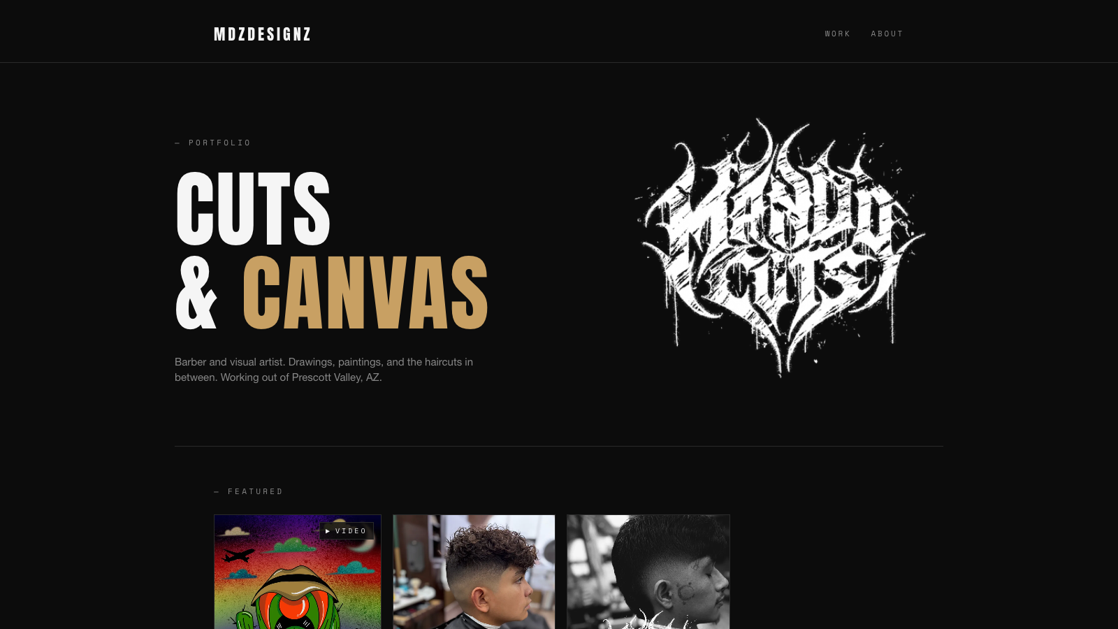 The mdzdesignz.com homepage, a dark editorial layout with the Mando Cuts logo next to a CUTS & CANVAS headline