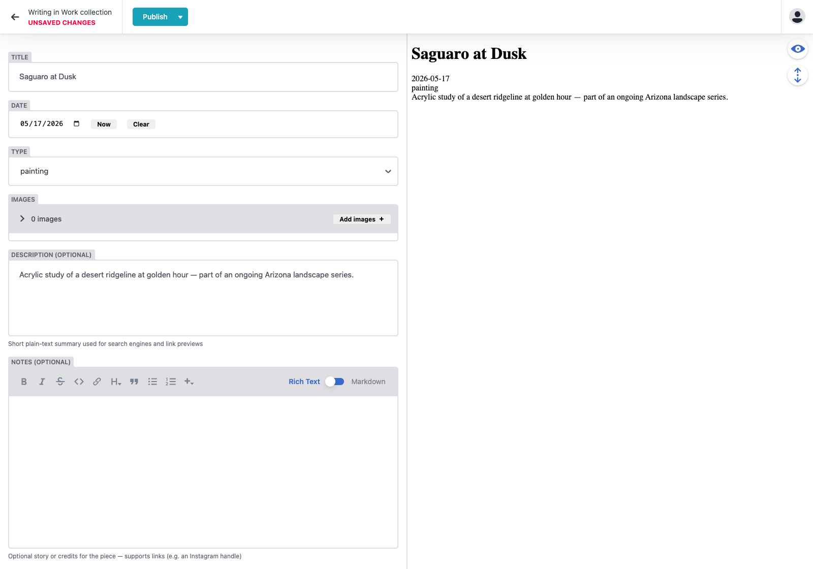 The Decap CMS editor, adding a new piece to the Work collection, with title, date, type, image upload, and description fields, alongside a live preview of the entry