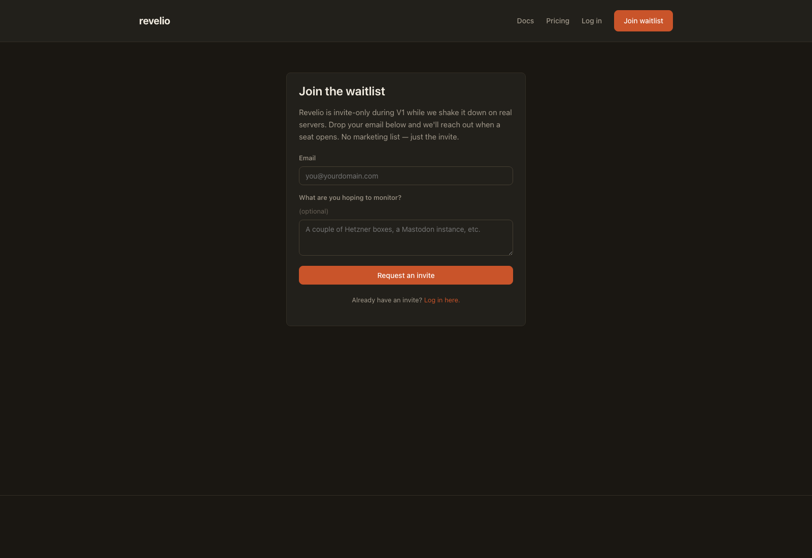The Revelio waitlist form: email plus an optional 'what are you hoping to monitor?' field