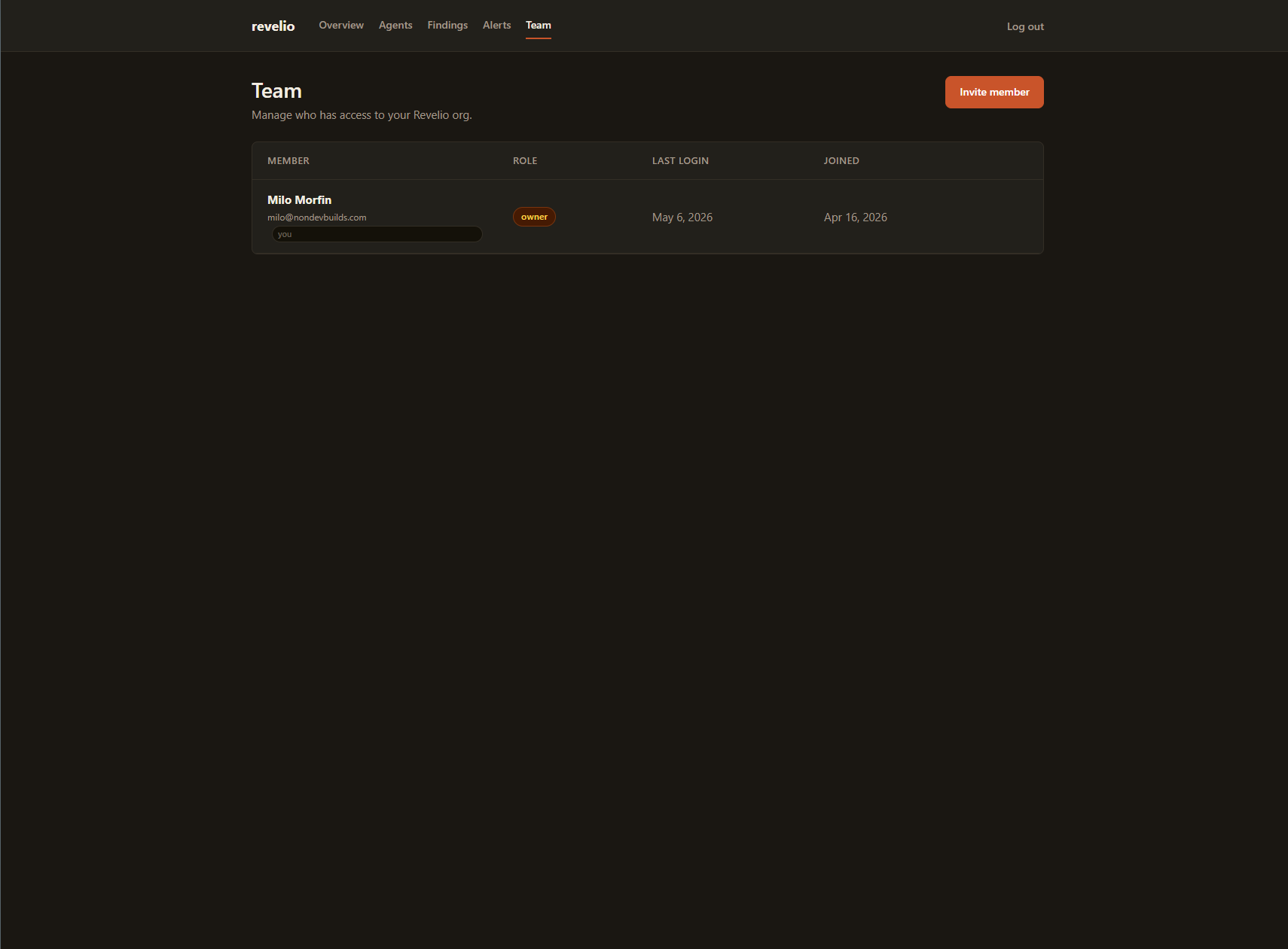 The team page: currently just me as owner, since Revelio's still invite-only and I'm running solo for now