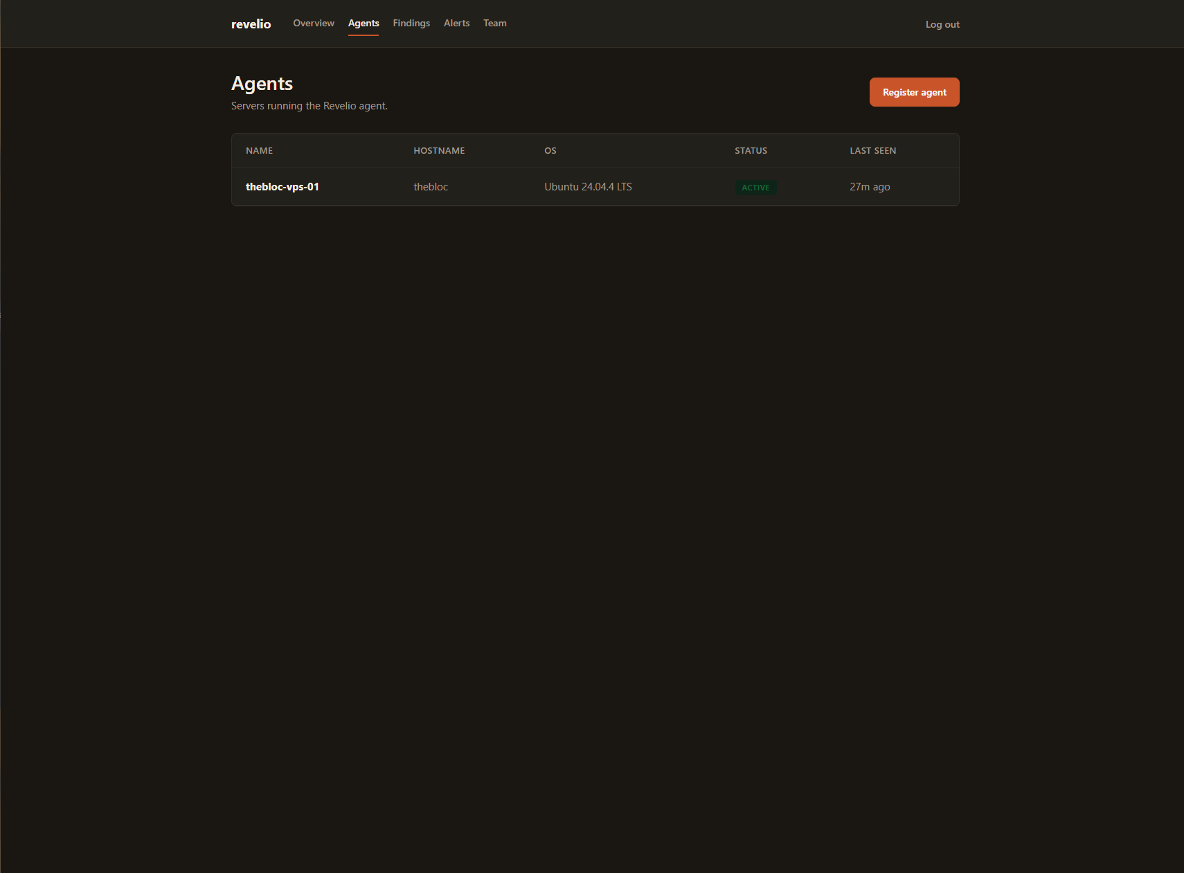 The Agents page, thebloc-vps-01 reporting in as ACTIVE on Ubuntu 24.04.4