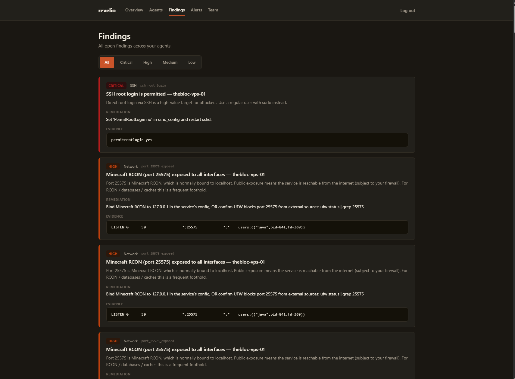 The Findings page: a critical SSH root login from the smoke test plus the Minecraft RCON exposures that drove the v0.3.0 agent fix